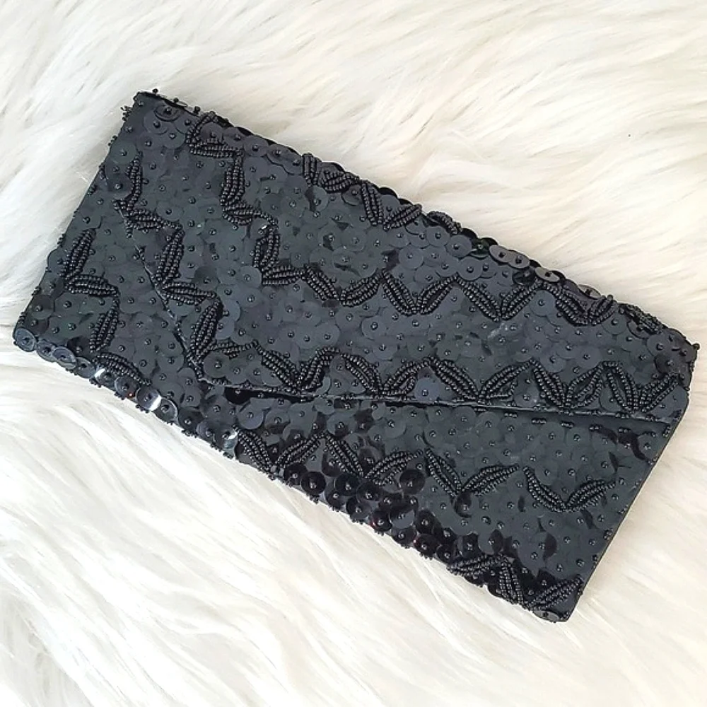Vintage Full Sequin Beaded Black Flapper Style Clutch Wallet Gothic Hong Kong - Picture 1 of 14